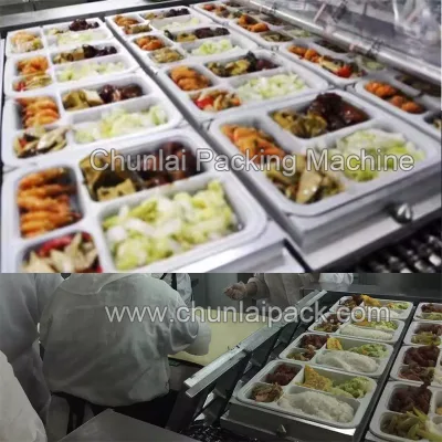 Sazonar los alimentos verificación lineal de las máquinas de sellado en caliente de comer arroz de la bandeja de pollo de la máquina de embalaje