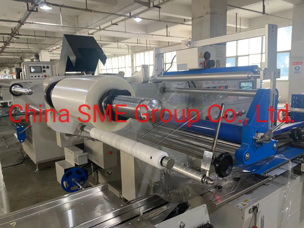 Automatic Horizontal Biscuits Bread Burgers Buns Cake Wafer Food Wrapping Packaging Packing Line Machine with Inner Container and Products Feeding
