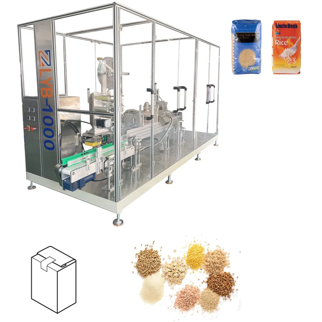 Automatic Brick Type Flat Bottom Bag Forming Filling and Top Sticker Packaging Packing Machine for Rice/Beans/Sugar/Salt/Pasta/Seeds