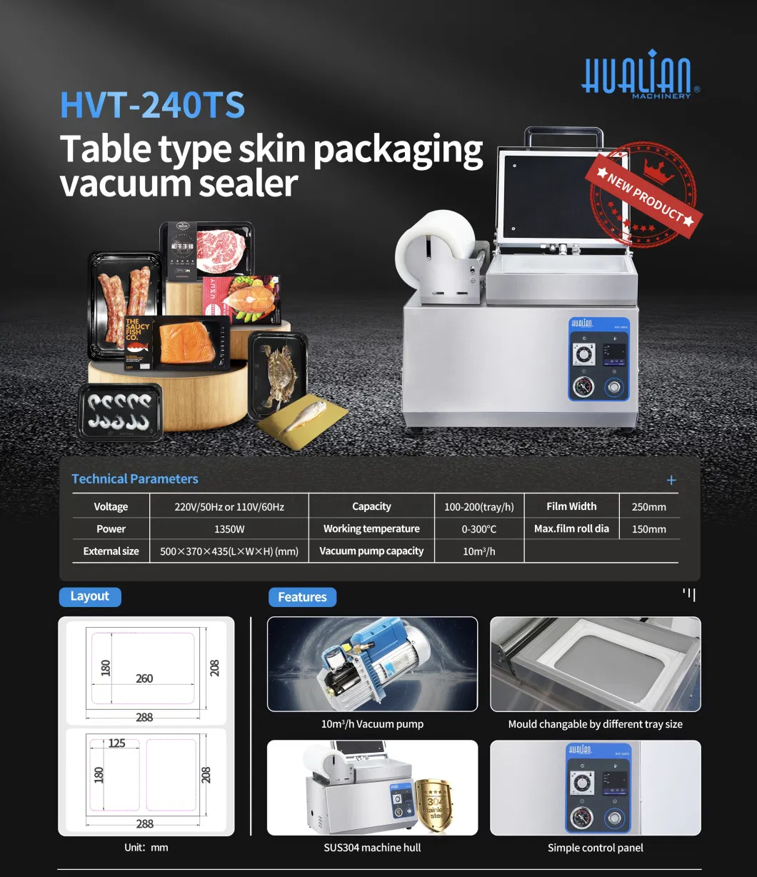 Hvt-240ts Hualian Small Size Food Meat Map Tray Sealer Vacuum Film Skin Thermoforming Packaging Sealing Machine