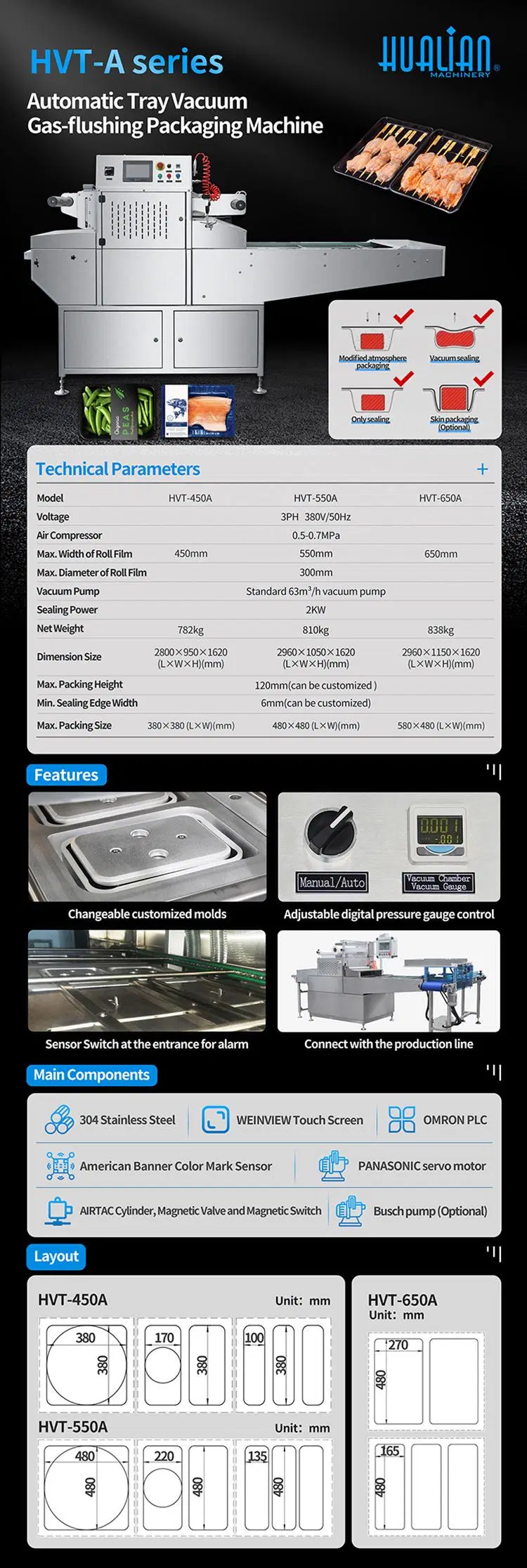 Hvt-450A/2 Hualian Automatic Food Meat Vegetable Fresh Cling Tray Vacuum Gas Flushing Packing Packaging Machine