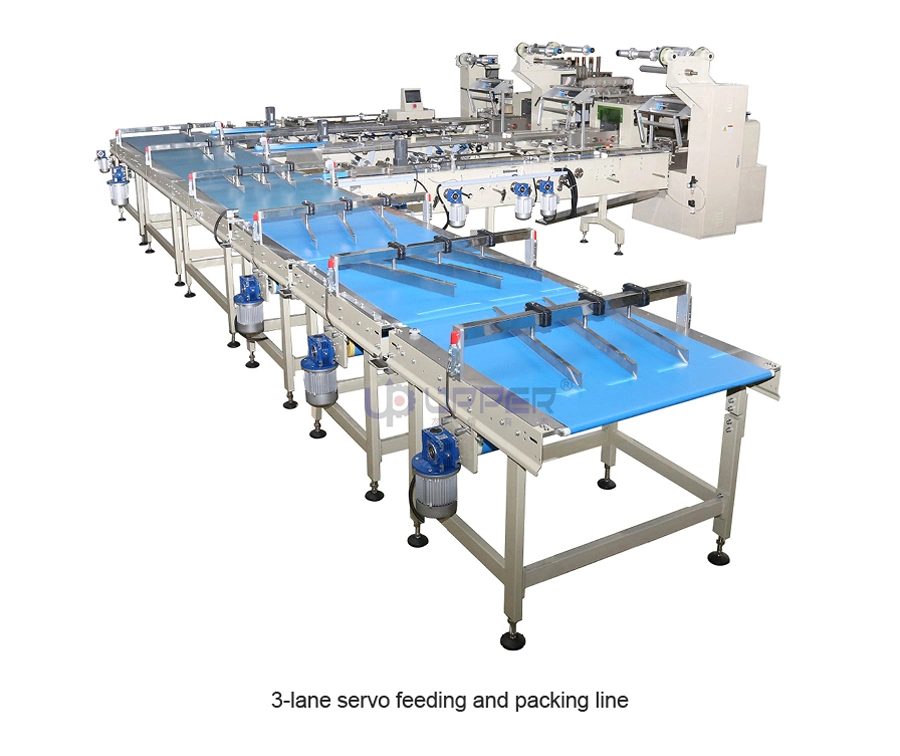 Chocolate Bar Cereal Sweet Candy Biscuit Bread Crackers Sausage Flexible Automatic Feeding and Packaging Line Bag Flow Wrapping Sealing Pouch Packing Machine