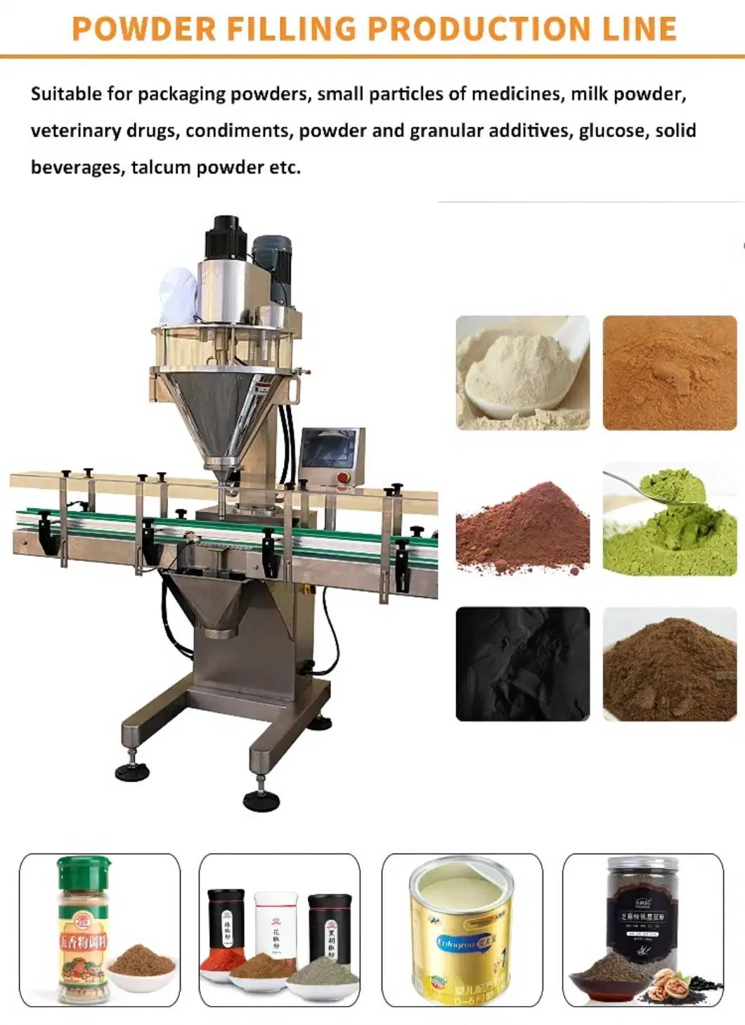 Automatic Production Line Chilli Powder Granule Seasoning Dry Spice Jar/Can/Bottle Filling/Sealing Capping Labeling Food Packing/Packaging Machine