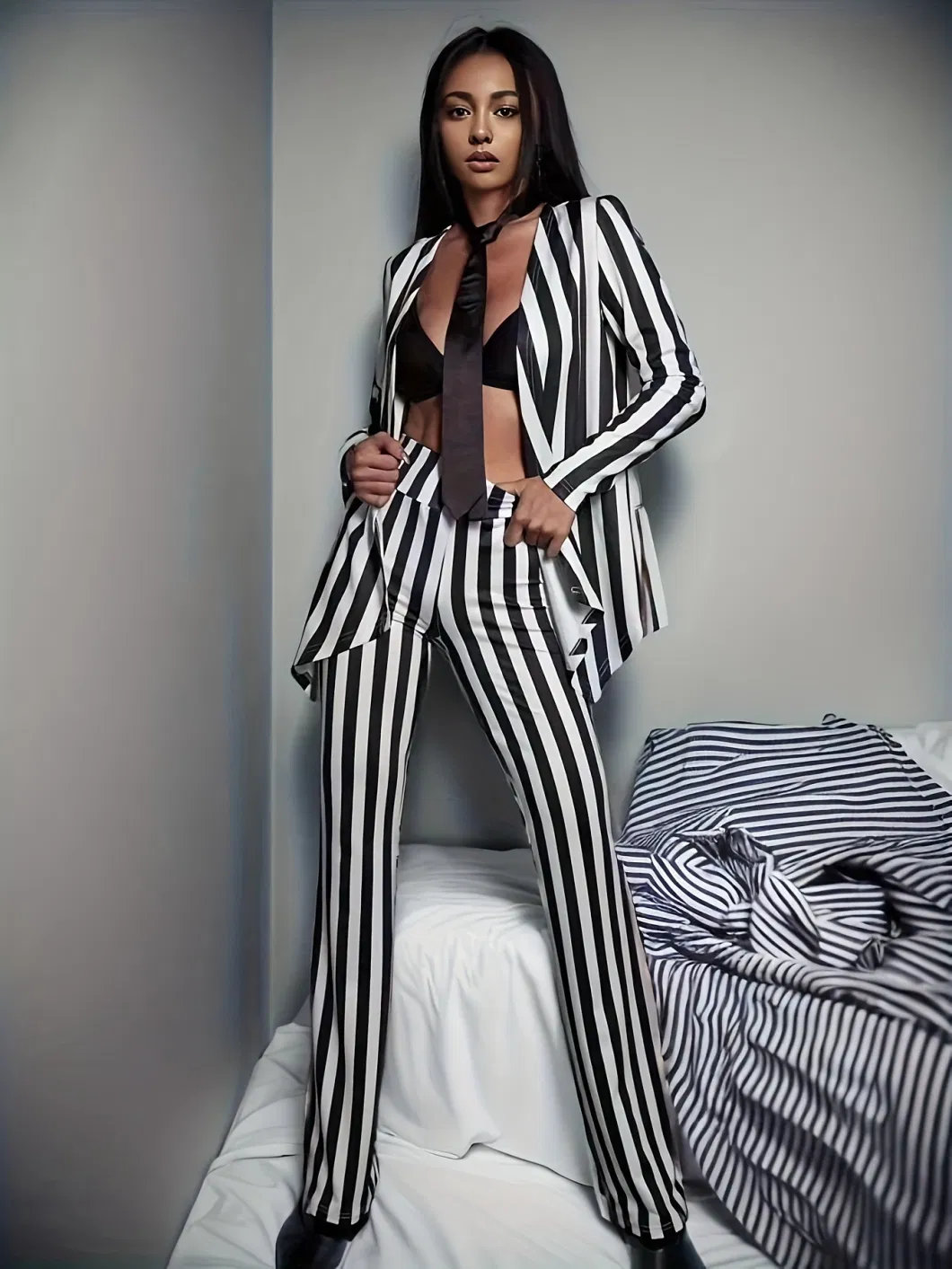 Women&prime;s Fall/Winter Zebra-Striped Drop Silky Suit