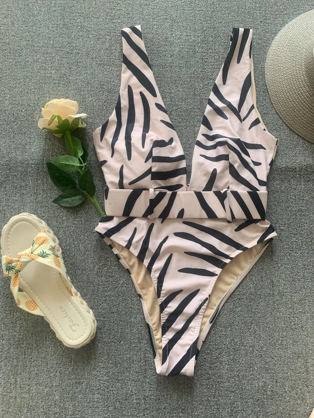 Hot Selling Women Backless Deep V Zebra Print Swimwear