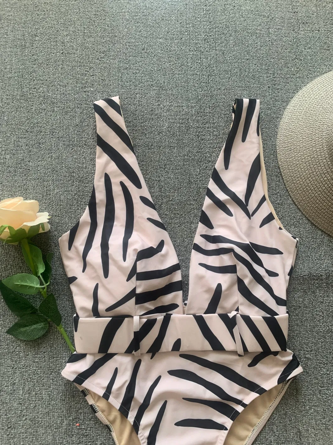 Hot Selling Women Backless Deep V Zebra Print Swimwear