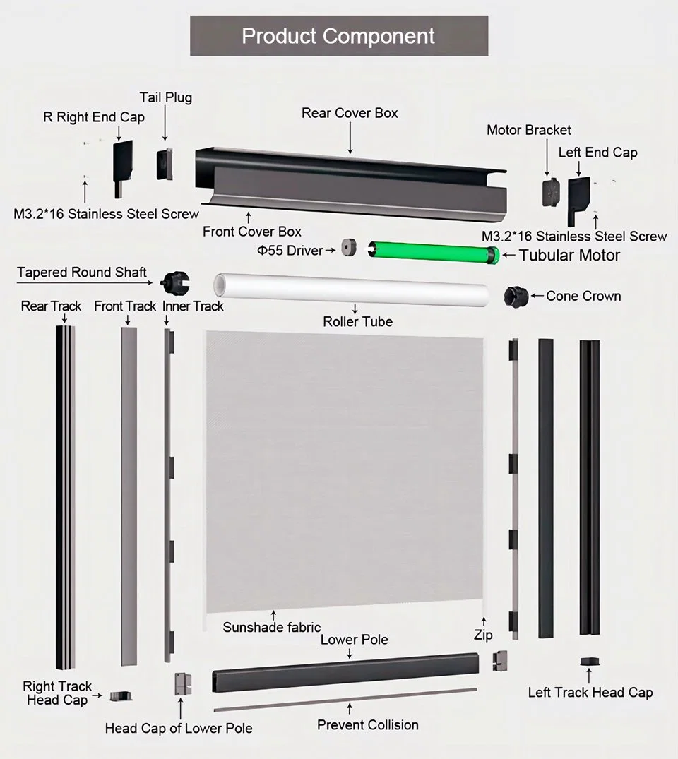 Windproof Zip Track Screen PVC Fabric Electric Outdoor Motorized Shades Roller Blinds