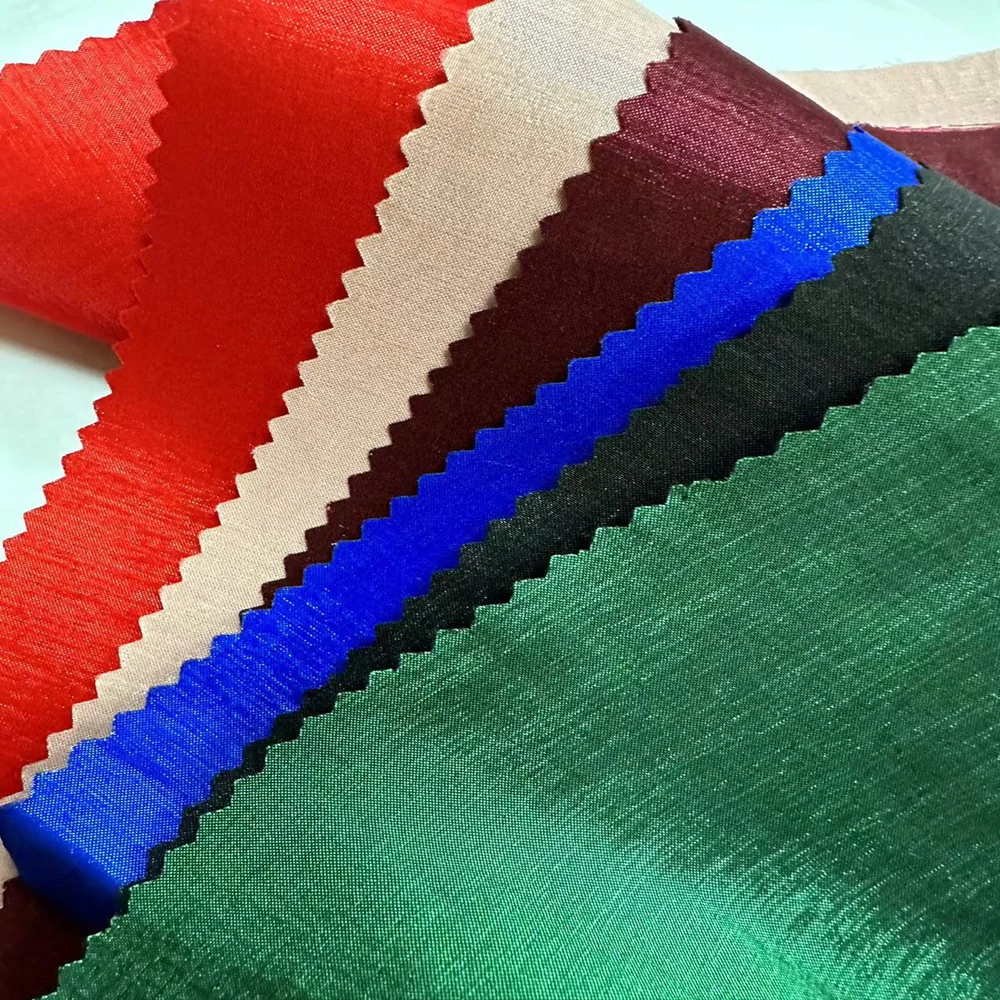 Shiny Polish Nylon Polyester Spinning Spandex 2 Way Stretch Elastic Shantung Taffeta Satin Slub Chameleon Fabric for Wedding Dress