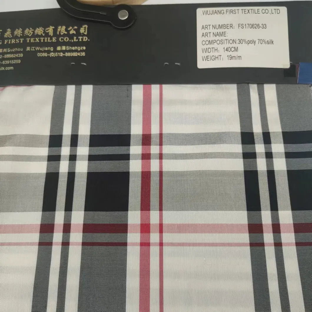 Oeko Tex 100 Certificate High Grade Quality Yarn Dyed Silk Polyester Check Fabric, Yarn Dyed Polyester Silk Blend Fabric, Check Fabric for Shirts