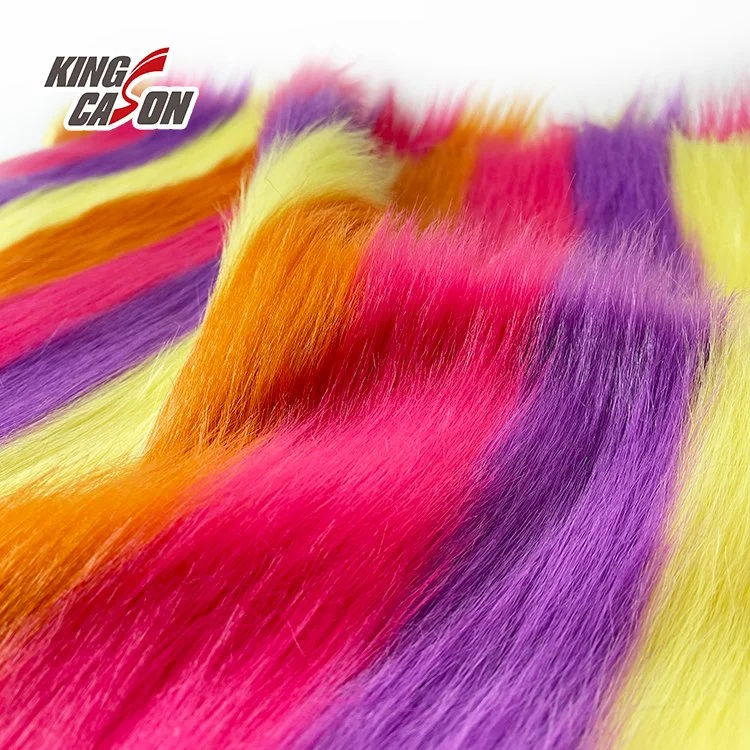 Kingcason Polyester Rainbow Colorful Stripe Yarn Dyed Long Pile 40mm Faux Fur Fabric