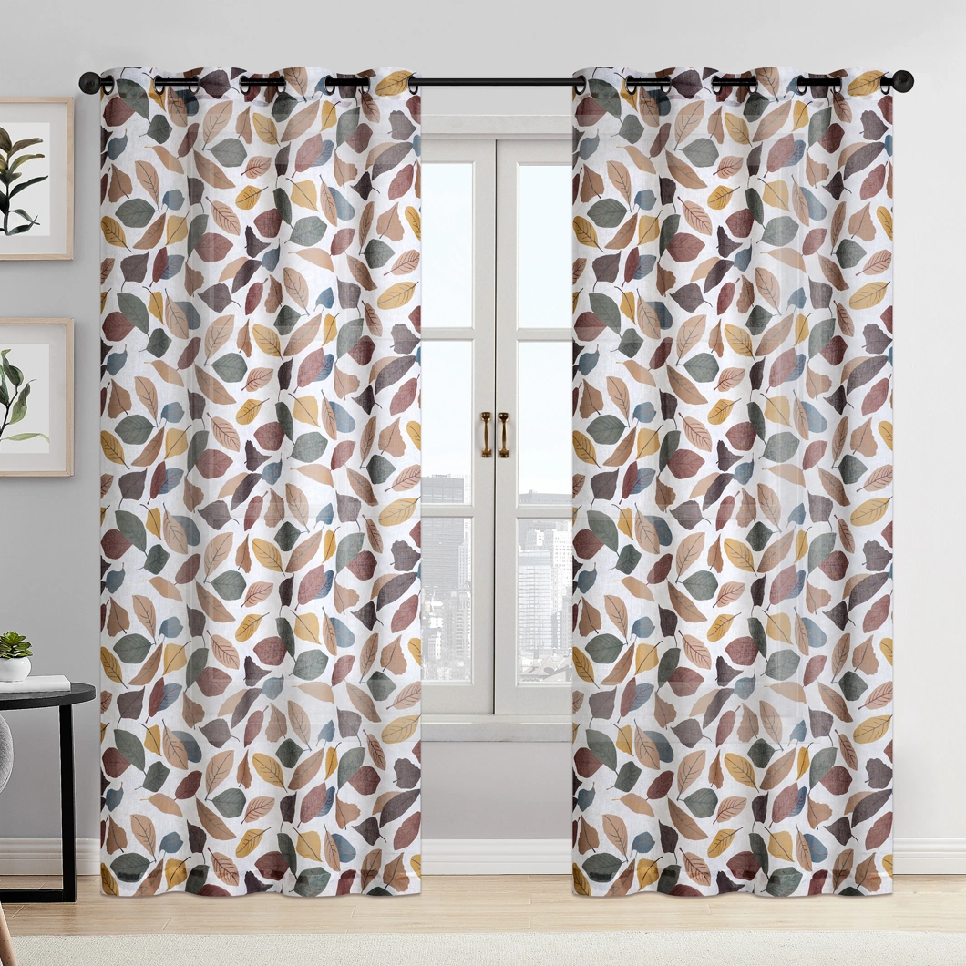 2024 Hot Sale Leaf Printing Design Curtain Polyester Blackout Window Curtain with Eyelets for The Living Room