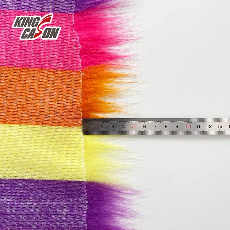 Kingcason Polyester Rainbow Colorful Stripe Yarn Dyed Long Pile 40mm Faux Fur Fabric