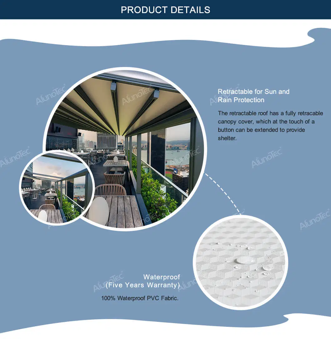 Waterproof Customized Polyester Fabric Balcony Pergola Awning Electric Canopy Motorized Aluminum Retractable Roof