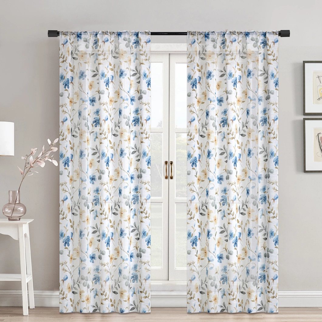 Nice Simple Design Polyester Plain Voile Dolly Plant Leaves Printing Window Curtain Sheer Panel Curtain Good Price