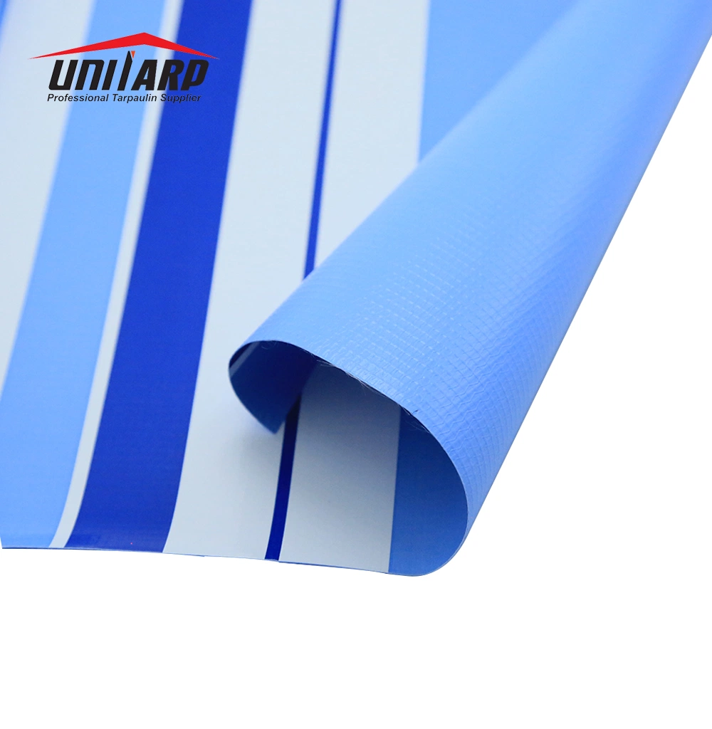 Sun Protection Blue Red White 500d Hot Laminated PVC Striped Tarpaulin for Tent and Awning