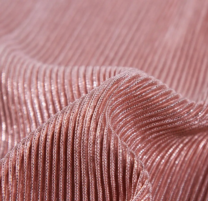 100% Polyester Pleated Dress Fabric Gold Foil Printed Knitted Pleated Polyester Fabric