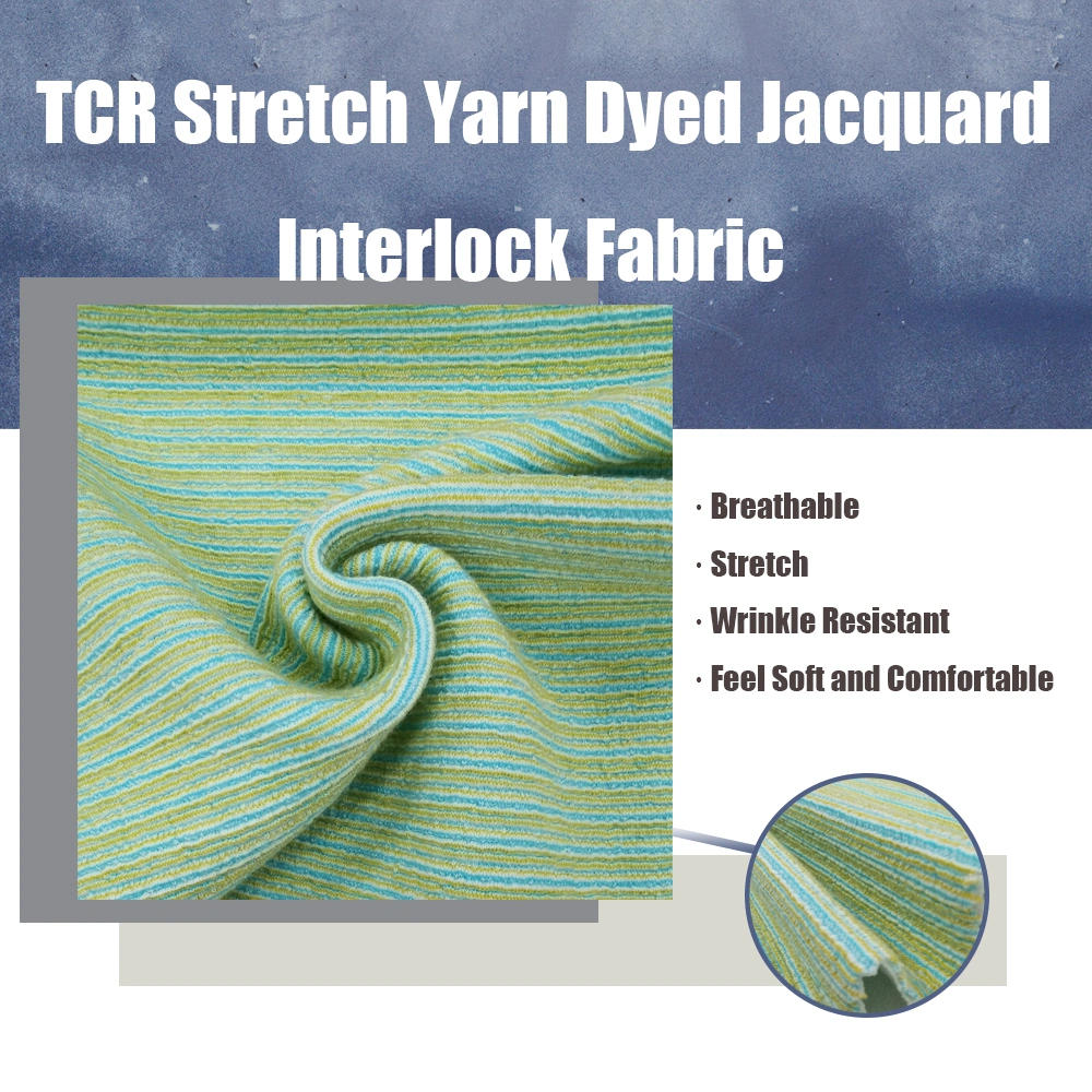 China TCR 4 Way Stretch Yarn Dyed Jacquard Interlock Knit Fabric 42 Polyester 30 Cotton 24 Rayon 4 Spandex Striped Jacquard Interlock Jersey Knitted Fabric