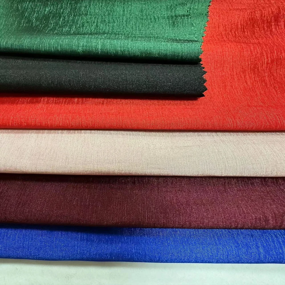 Shiny Polish Nylon Polyester Spinning Spandex 2 Way Stretch Elastic Shantung Taffeta Satin Slub Chameleon Fabric for Wedding Dress