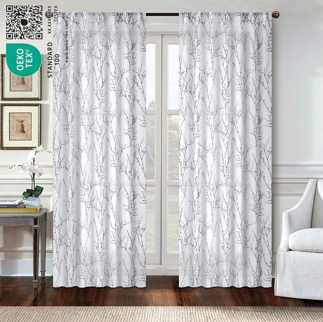 China Factory Supply 100% Polyester White Flower Tulle Embroidery Sheer Panel Curtain for Living Room and Hotel Emd-7 Voile