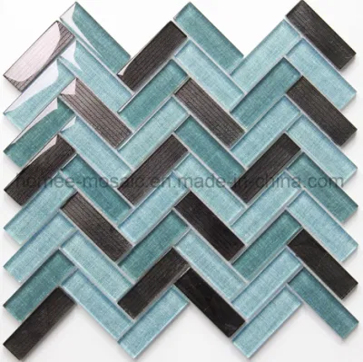 Inkjet Glazed Tiles Fabric Printing Grey Herringbone Glass Mosaic Tile