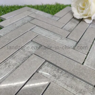 Gray Marble Mix Crystal Herringbone Pattern Wall Decoration Marble Mosaic