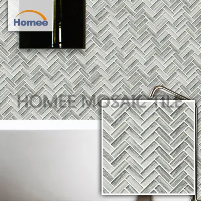 Wood Grey in Herringbone Inkjet Printing Glass Tile Mosaic Wall Backsplash