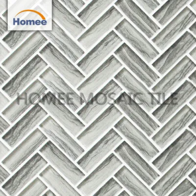 Wood Grey in Herringbone Inkjet Printing Glass Tile Mosaic Wall Backsplash