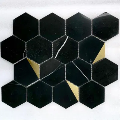 Newstar Marble Metal Mosaic Tile Bathroom Kitchen Light Luxury Black and White Geometric Floor Tile Hexagonal Mosaic Wall Tile