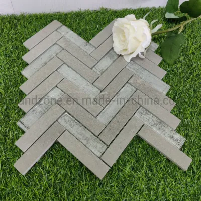 Gray Marble Mix Crystal Herringbone Pattern Wall Decoration Marble Mosaic