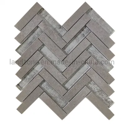 Gray Marble Mix Crystal Herringbone Pattern Wall Decoration Marble Mosaic