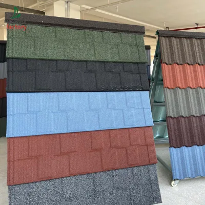 Botswana Aluminum Zinc Sand Coated Steel Corrugated Sheet Stone Coated Metal Roofing Tiles Made in China