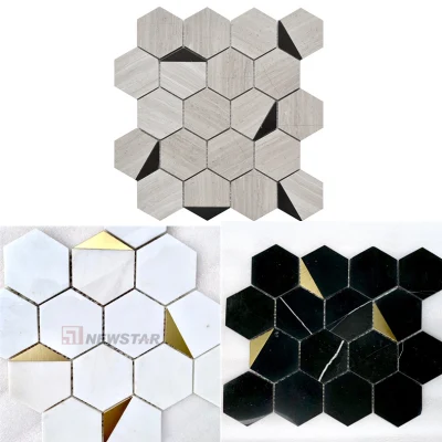 Newstar Marble Metal Mosaic Tile Bathroom Kitchen Light Luxury Black and White Geometric Floor Tile Hexagonal Mosaic Wall Tile
