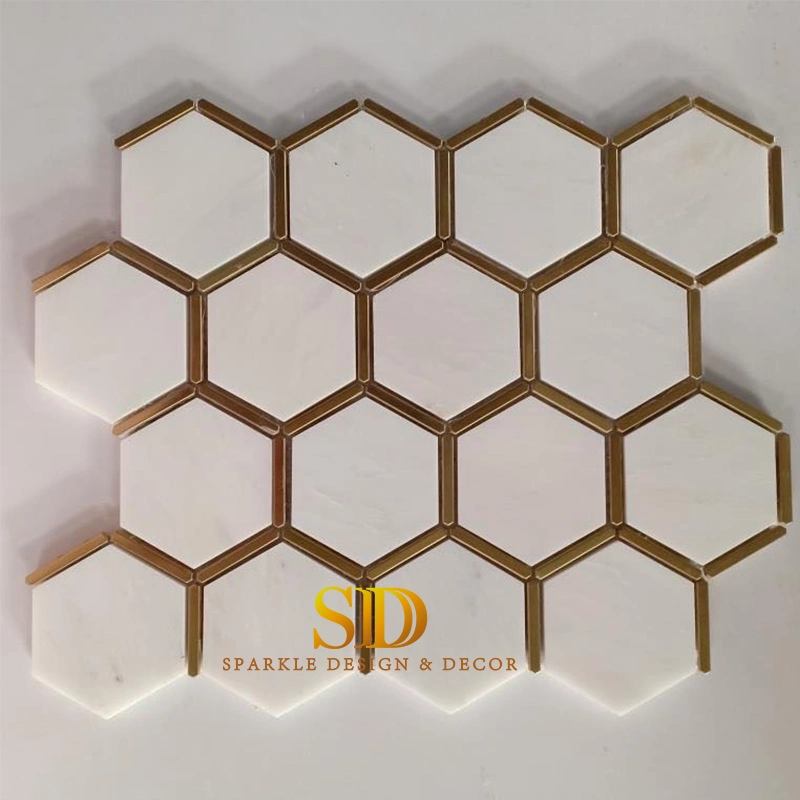 Hotsale Water Jet Hexagon Shape White Marble and Metal Mosaic Tiles for Shower Wall Decoration