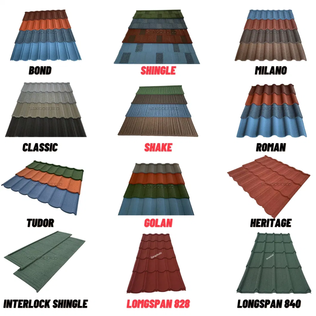 Botswana Aluminum Zinc Sand Coated Steel Corrugated Sheet Stone Coated Metal Roofing Tiles Made in China