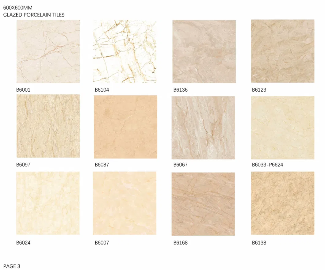 B6019 New Foshan Quaity 600X600mm Vitrified Glazed Polished Porcelain Full Body Marble Floor Wall Tiles