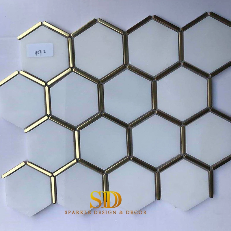 Hotsale Water Jet Hexagon Shape White Marble and Metal Mosaic Tiles for Shower Wall Decoration