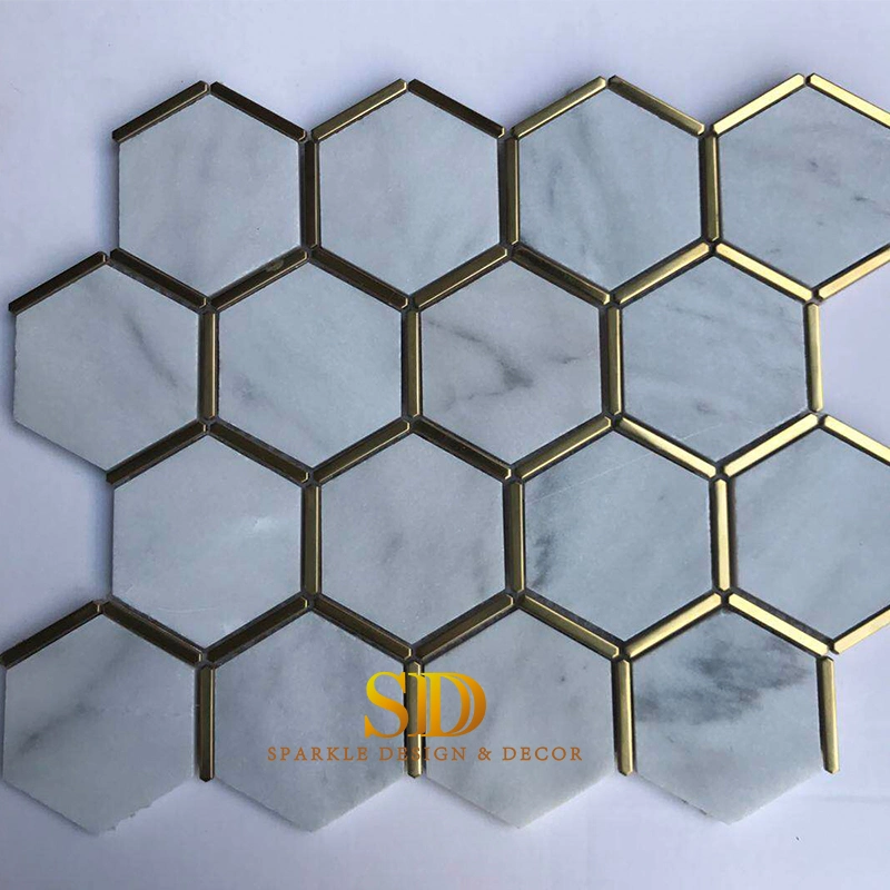 Hotsale Water Jet Hexagon Shape White Marble and Metal Mosaic Tiles for Shower Wall Decoration