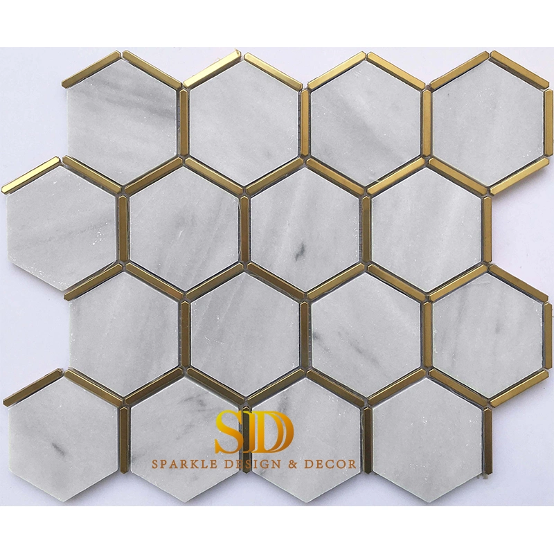 Hotsale Water Jet Hexagon Shape White Marble and Metal Mosaic Tiles for Shower Wall Decoration