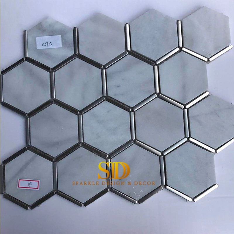 Hotsale Water Jet Hexagon Shape White Marble and Metal Mosaic Tiles for Shower Wall Decoration