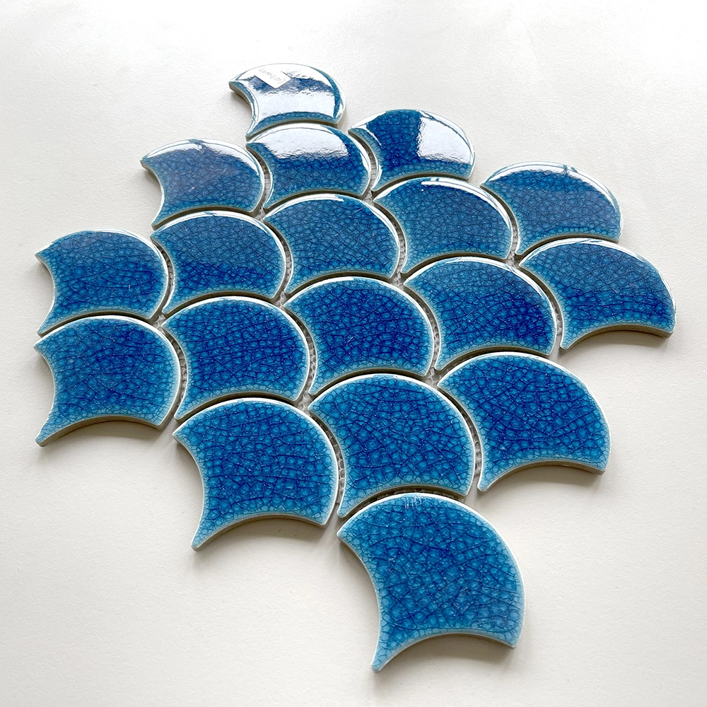 Gloss Blue Faux Fish Scale Mosaic Ceramic Tiles Swimming Pool Floor Tile