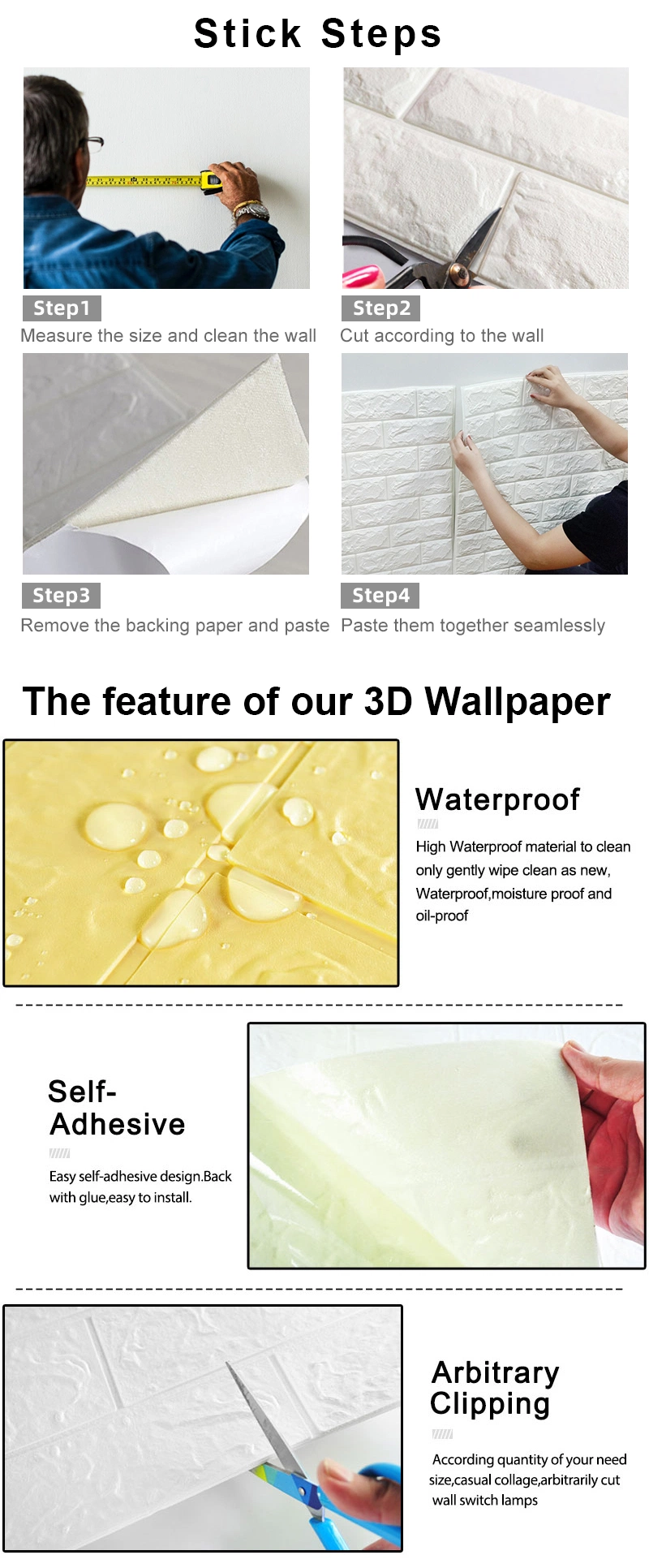 Self-Adhesive Wallpaper Bathroom Kitchen Wall Tiles 3D Tile Sticker Waterproof Peel and Stick