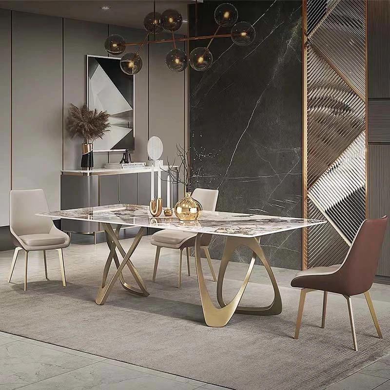 Modern Dinning Room Set Home Furniture 6 Seater Leather Gold Metal Leg Kitchen Restaurant Table