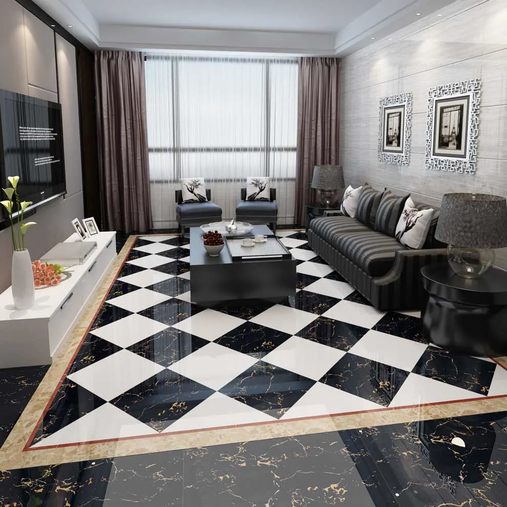 Easy to Clean Living Room Black Glazed Polished Porcelain Floor Tile