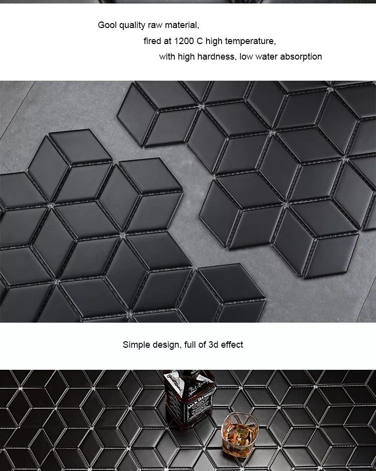 Rhombus Shape 3D Black and White Ceramic Mosaic Tile for Bathroom and Kitchen Backsplash