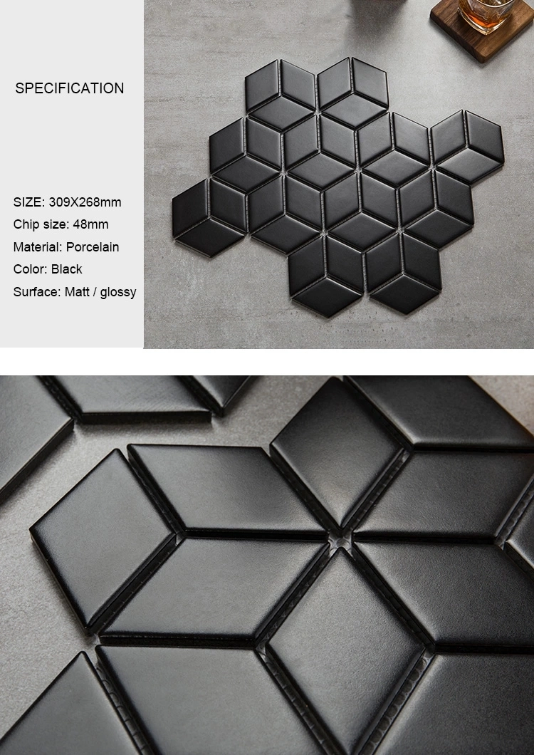 Rhombus Shape 3D Black and White Ceramic Mosaic Tile for Bathroom and Kitchen Backsplash