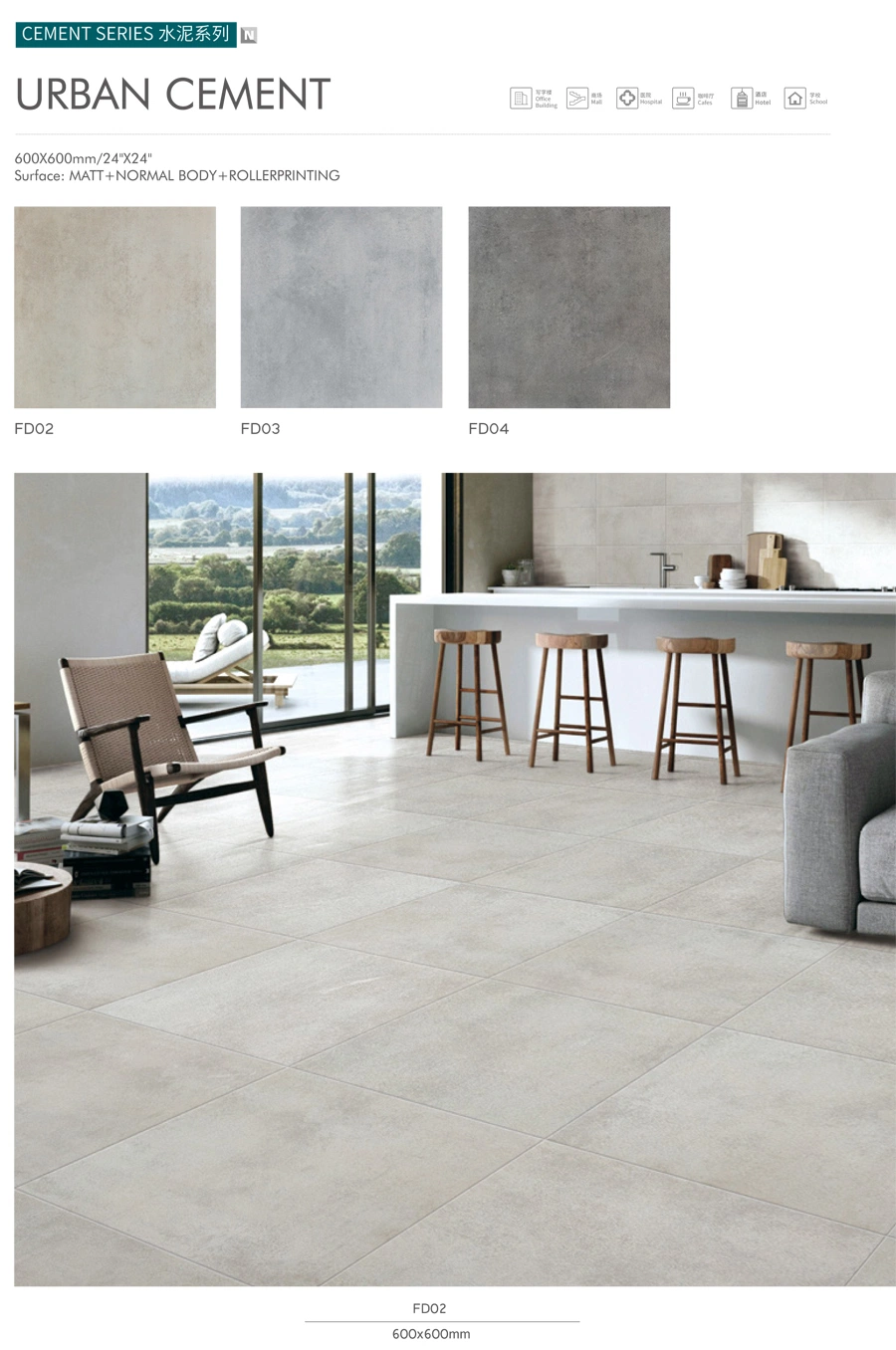 Building Materials China Factory Wholesale Floor Wall Tile Cement Look Design for Apartment Decoration