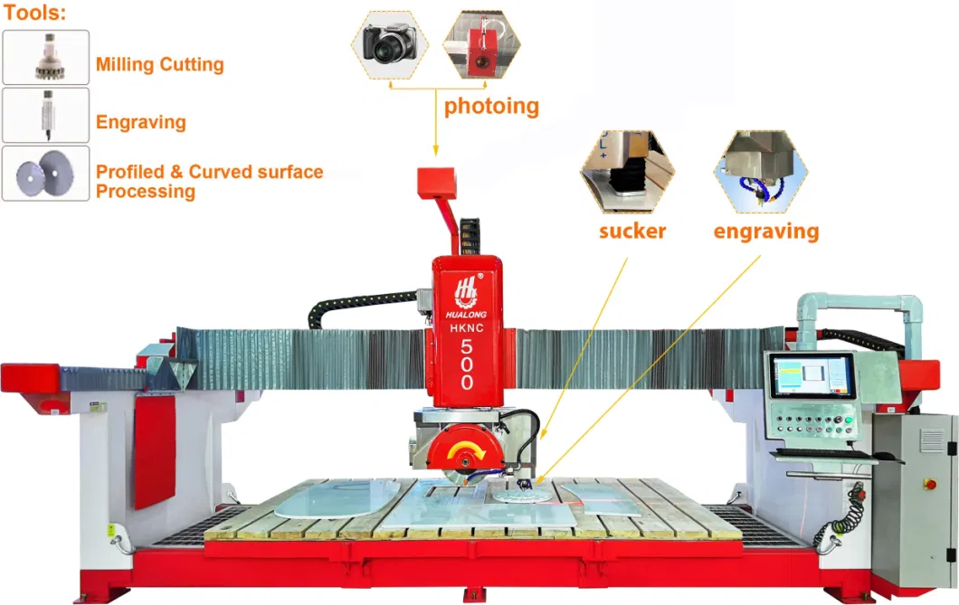 Hknc-500 High Speed CNC Tile Cutter Bridge Stone Cutting and Milling Machine Bridge Saw 5 Axis Countertops 3D Marble Granite Italy Pegasus System Poland UK UAE