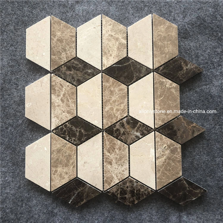 3D Effect Dark/Light Emperador and Spanish Beige Marble Mosaic Floor Tile for Bathroom Hall