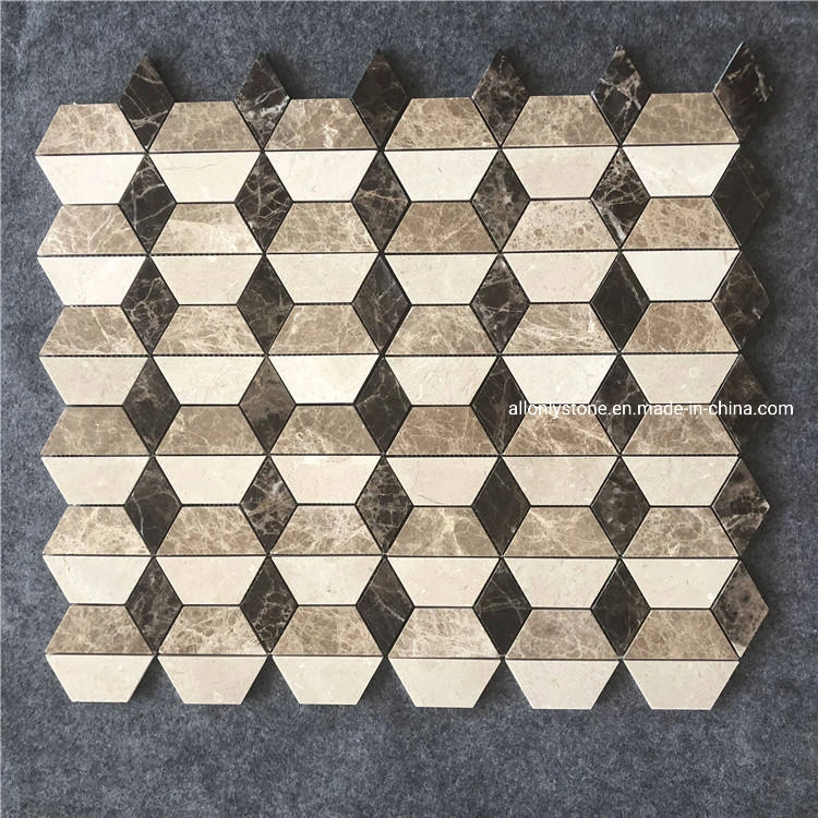 3D Effect Dark/Light Emperador and Spanish Beige Marble Mosaic Floor Tile for Bathroom Hall