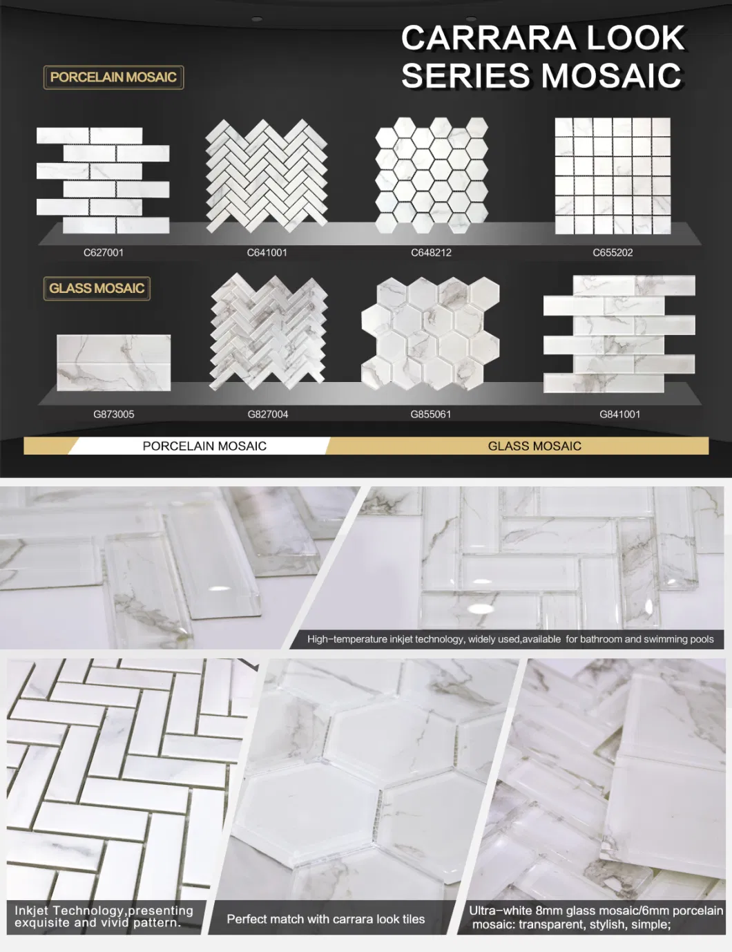 Stocks Available Hexagon Carrara White Glass Building Mosaic Tile for Bathroom Kitchen Wall Mosaic